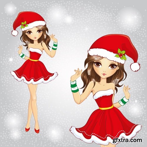 Collection female girl cartoon character in different clothes hairstyle 25 EPS