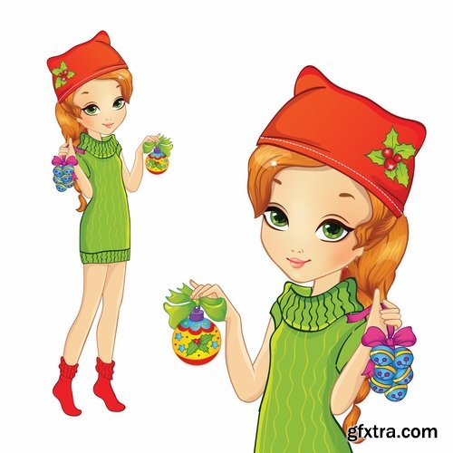 Collection female girl cartoon character in different clothes hairstyle 25 EPS