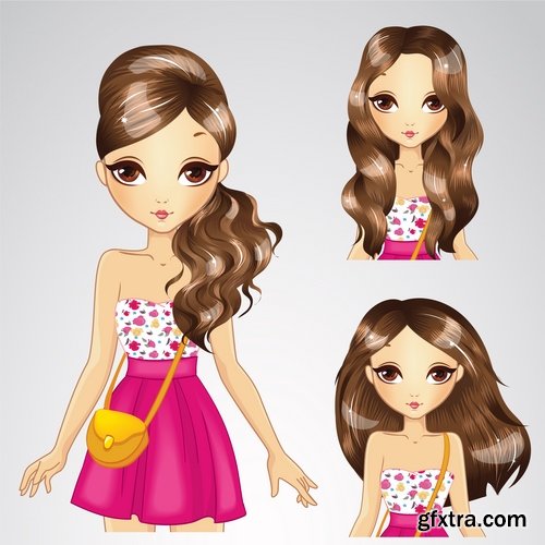 Collection female girl cartoon character in different clothes hairstyle 25 EPS