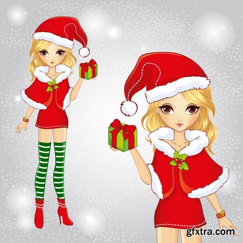 Collection female girl cartoon character in different clothes hairstyle 25 EPS