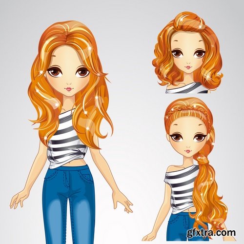 Collection female girl cartoon character in different clothes hairstyle 25 EPS