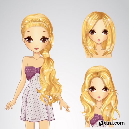 Collection female girl cartoon character in different clothes hairstyle 25 EPS