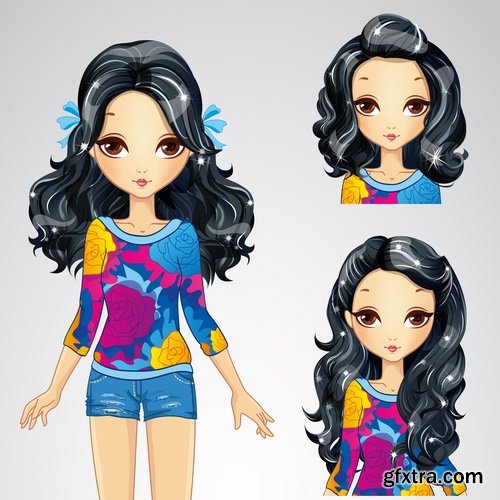 Collection female girl cartoon character in different clothes hairstyle 25 EPS