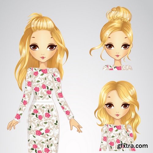 Collection female girl cartoon character in different clothes hairstyle 25 EPS