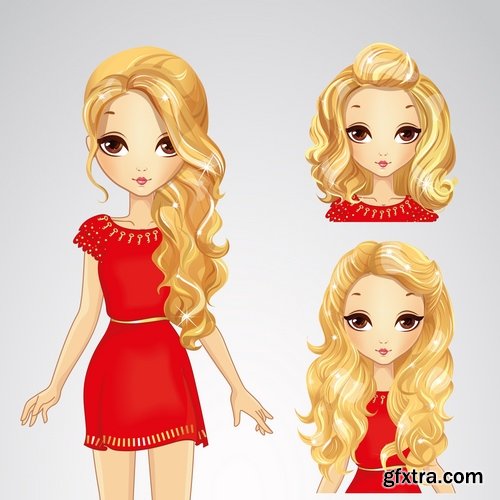 Collection female girl cartoon character in different clothes hairstyle 25 EPS