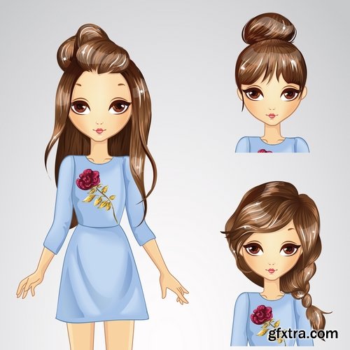 Collection female girl cartoon character in different clothes hairstyle 25 EPS