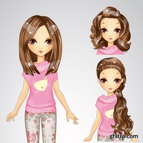 Collection female girl cartoon character in different clothes hairstyle 25 EPS