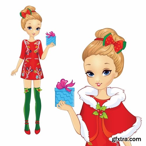 Collection female girl cartoon character in different clothes hairstyle 25 EPS