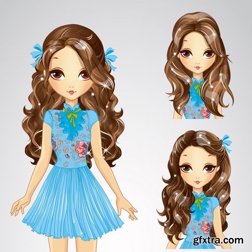 Collection female girl cartoon character in different clothes hairstyle 25 EPS