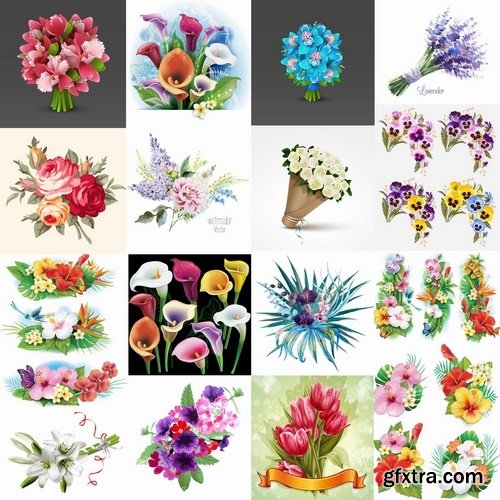 Collection of flowers bouquet of roses painted tulip vase Orchid Carnation 25 EPS