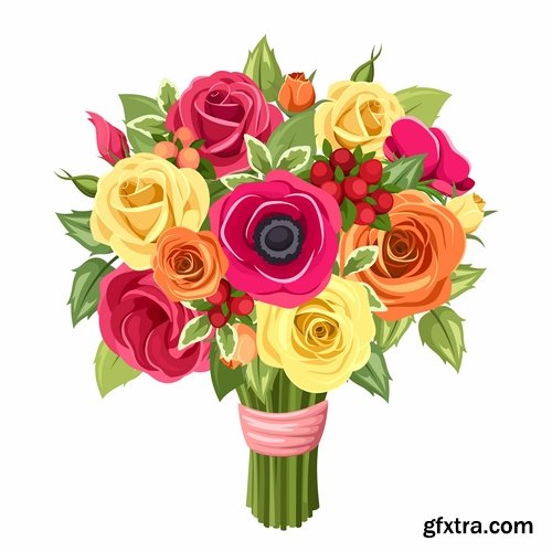 Collection of flowers bouquet of roses painted tulip vase Orchid Carnation 25 EPS