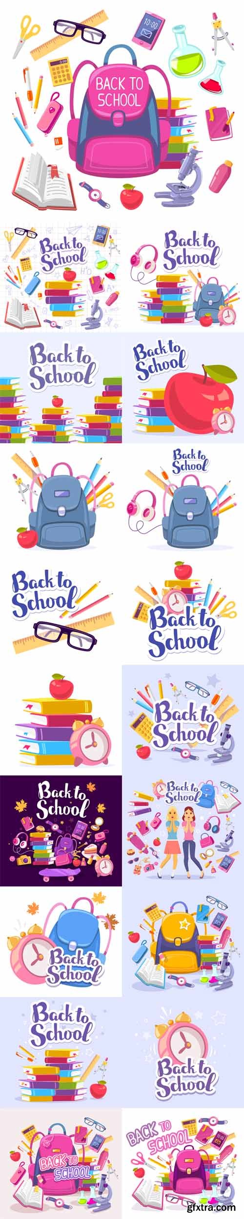 Vector Set - Colorful Illustration of Inscription Back to School