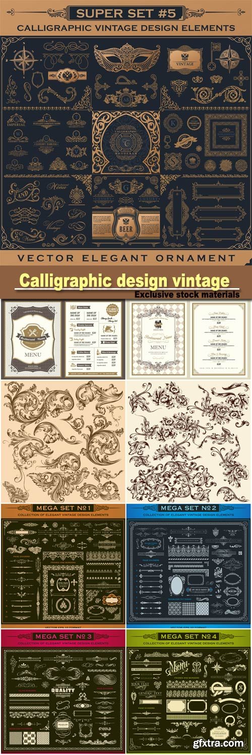 Calligraphic design vintage gold elements, logo set, border frame, menu card, invitations, labels