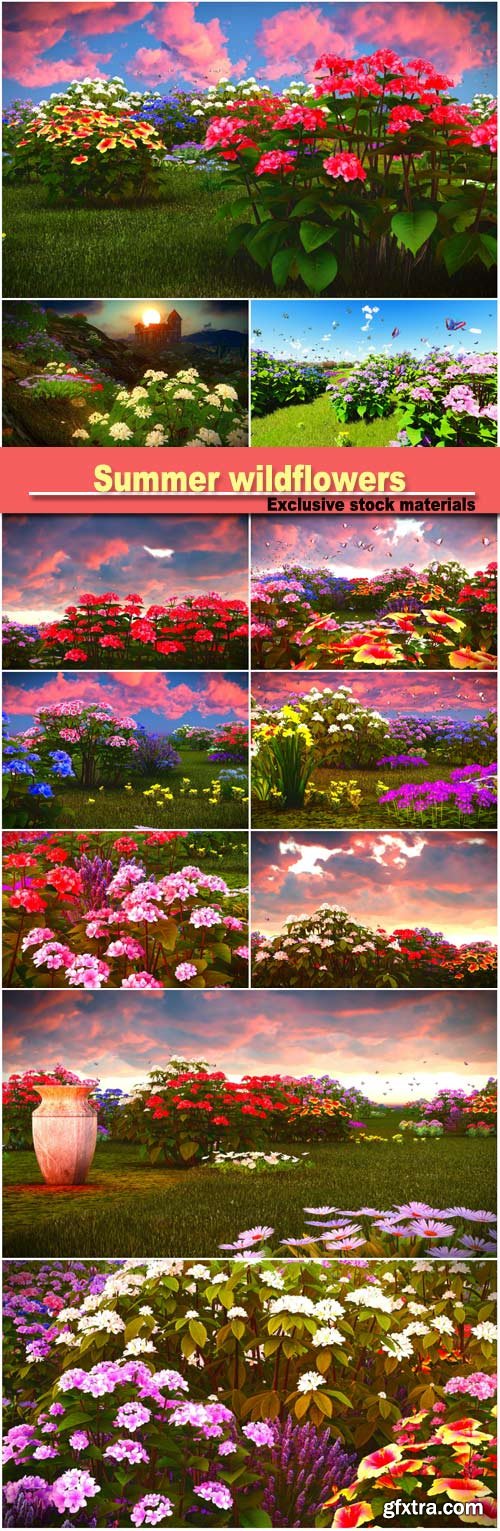 Summer wildflowers on meadow 3d rendering