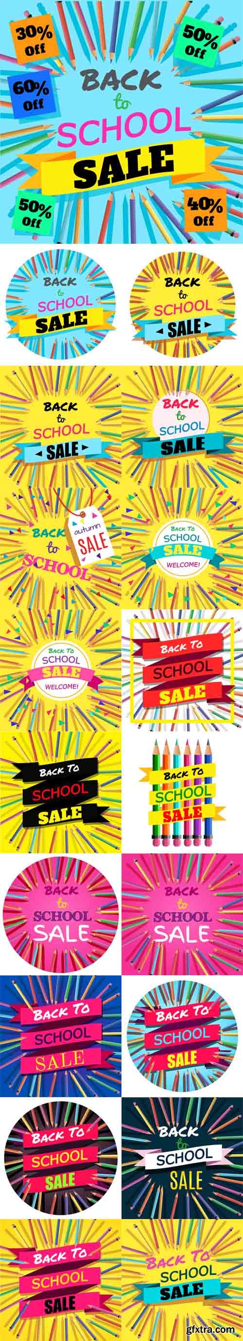 Vector Set - Back To School Sale. Background with Colorful Pencils with Header