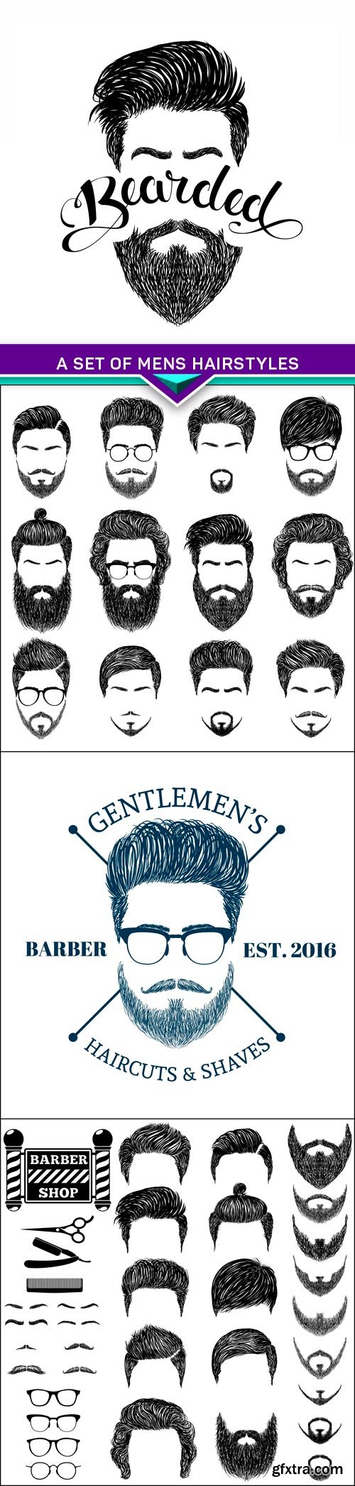 A set of mens hairstyles, beards and mustaches 4X EPS