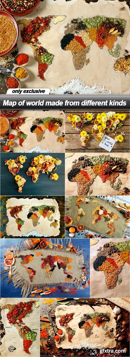 Map of world made from different kinds - 10 UHQ JPEG