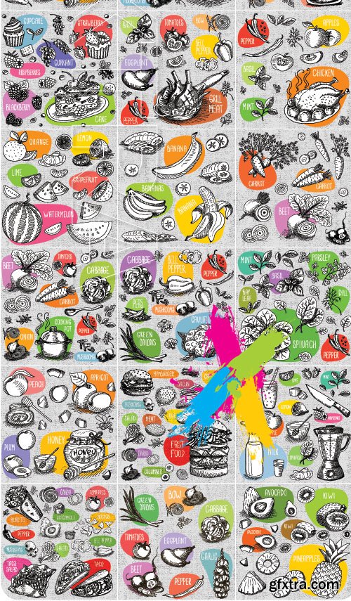 Food fruit vegetables berries and spices stickers in sketch style vector