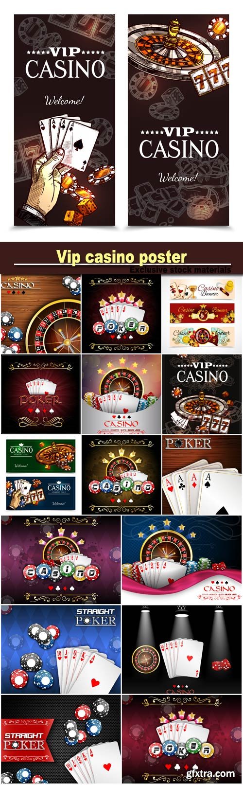 Vip casino poster with roulette wheel cards for poker play chips dice