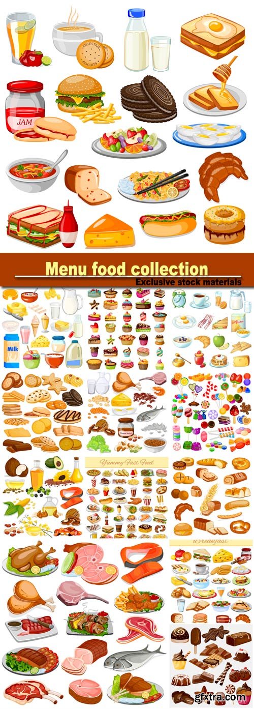 Breakfast menu food collection, candy, dairy product, meat product