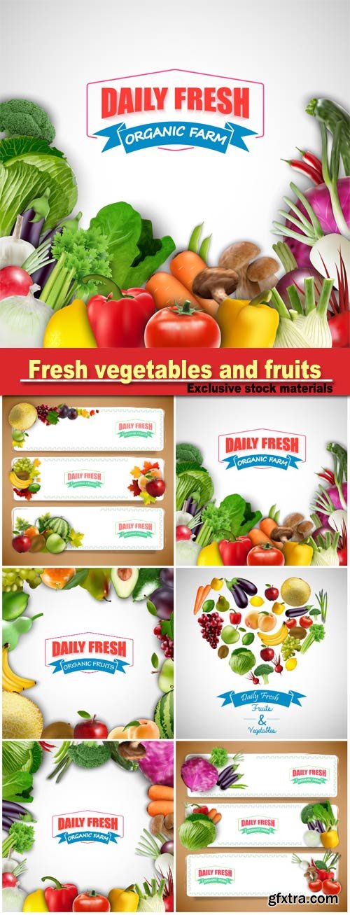 Fresh vegetables and fruits, backgrounds and banners vector