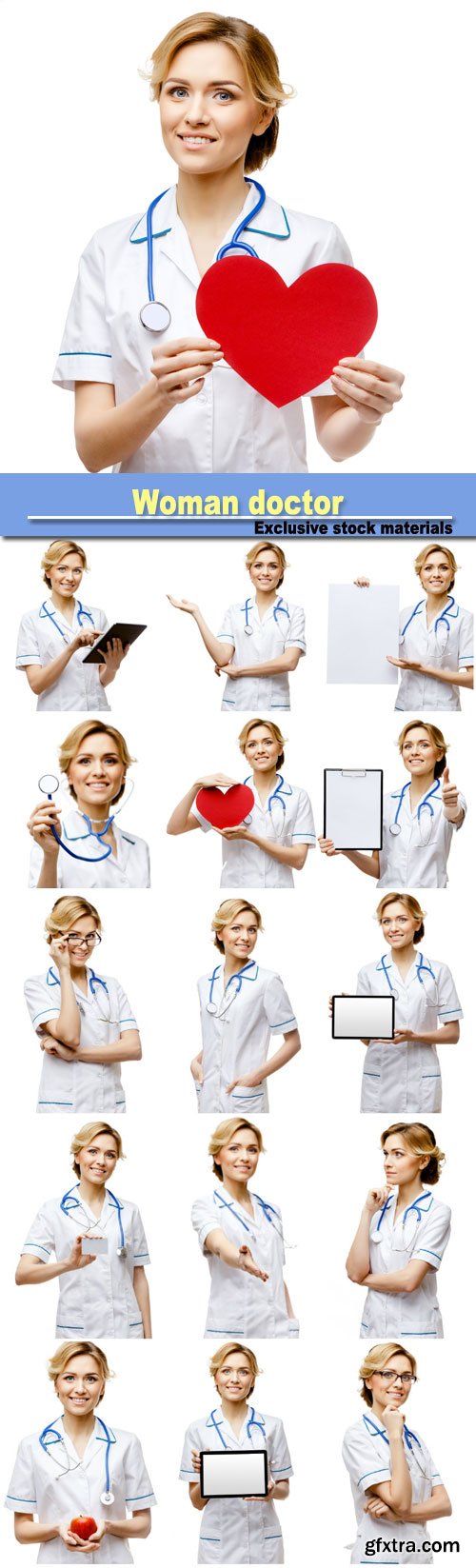 Woman doctor standing on white background