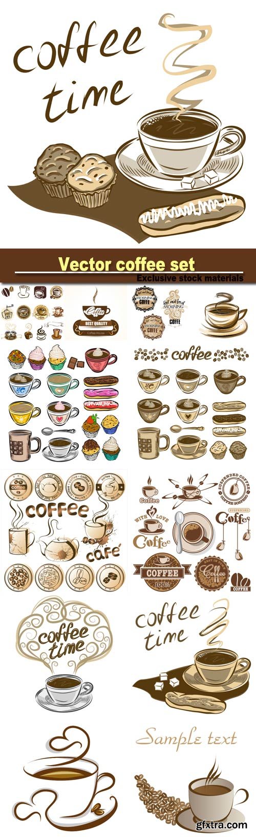 Hand drawn vector coffee set, coffee cups and cakes