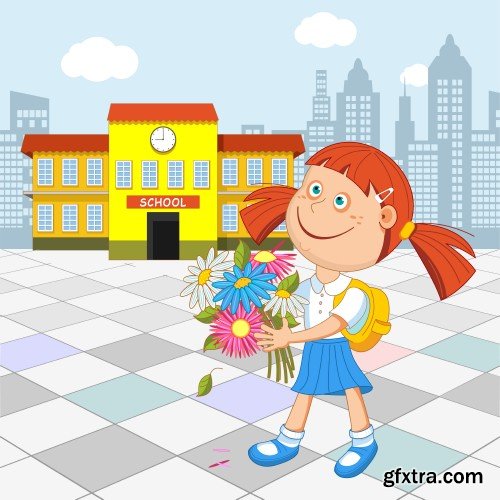 Schoolgirl and boy student with a bouquet in hand, go to school, vector illustration