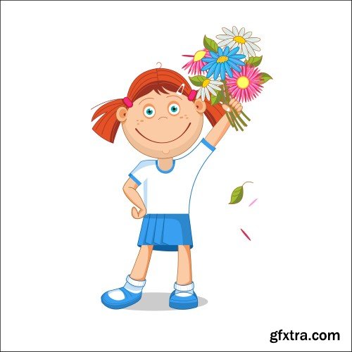 Schoolgirl and boy student with a bouquet in hand, go to school, vector illustration