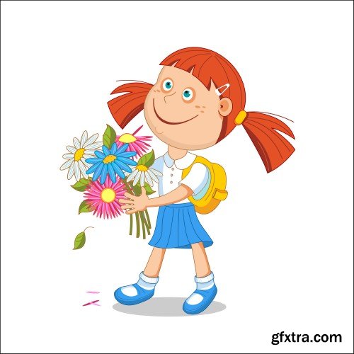 Schoolgirl and boy student with a bouquet in hand, go to school, vector illustration