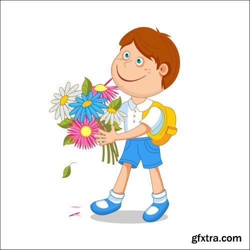 Schoolgirl and boy student with a bouquet in hand, go to school, vector illustration