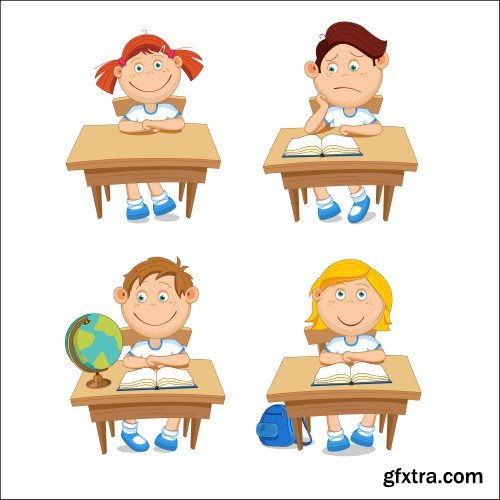 Schoolgirl and boy student with a bouquet in hand, go to school, vector illustration