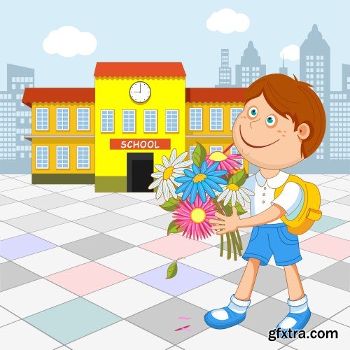 Schoolgirl and boy student with a bouquet in hand, go to school, vector illustration