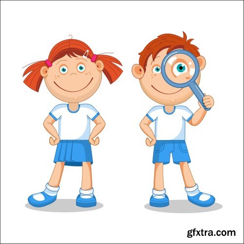 Schoolgirl and boy student with a bouquet in hand, go to school, vector illustration