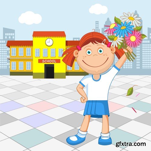 Schoolgirl and boy student with a bouquet in hand, go to school, vector illustration