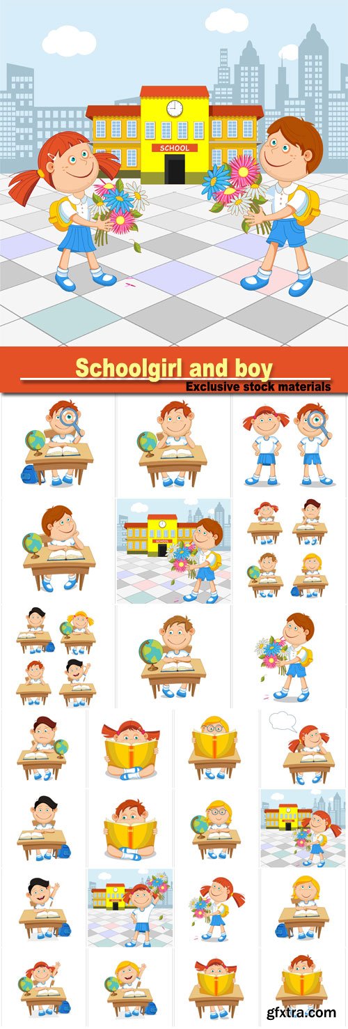 Schoolgirl and boy student with a bouquet in hand, go to school, vector illustration