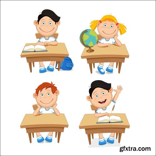 Schoolgirl and boy student with a bouquet in hand, go to school, vector illustration