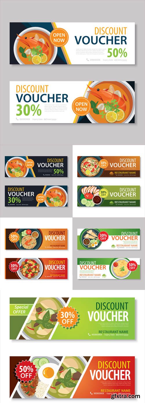 Vector Set - Discount Voucher Template with Thai Food Flat Design