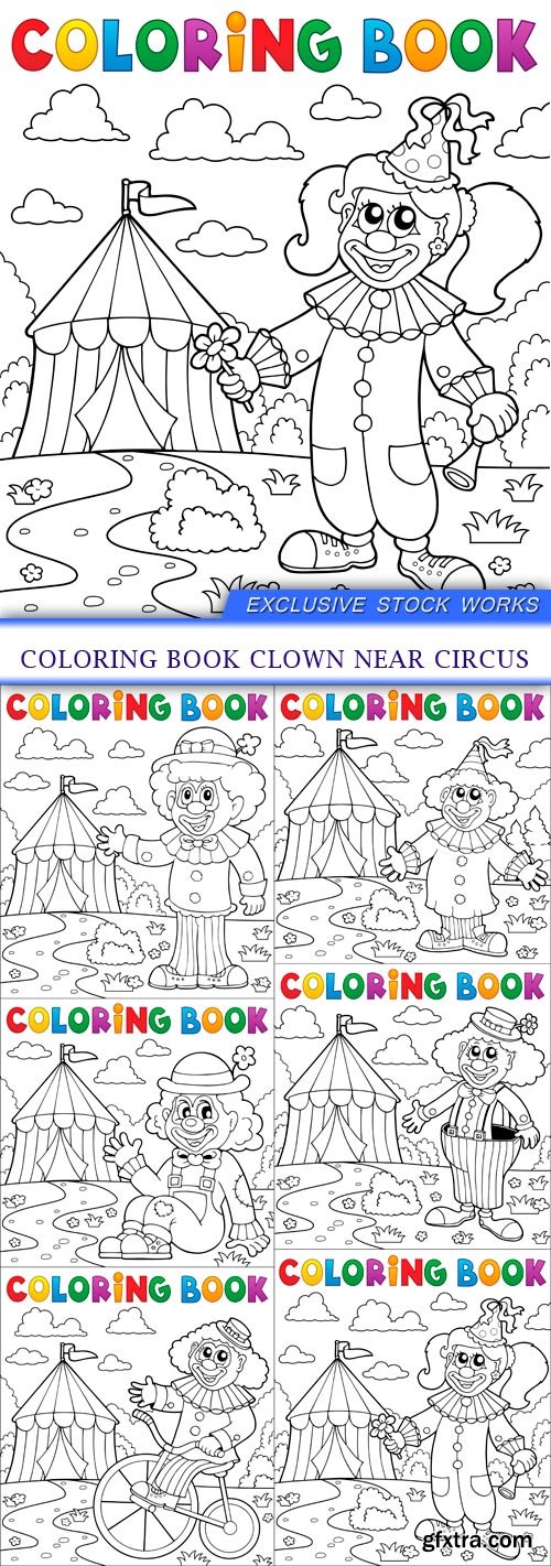 Coloring book clown near circus 6X EPS