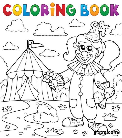 Coloring book clown near circus 6X EPS