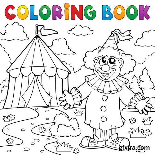 Coloring book clown near circus 6X EPS