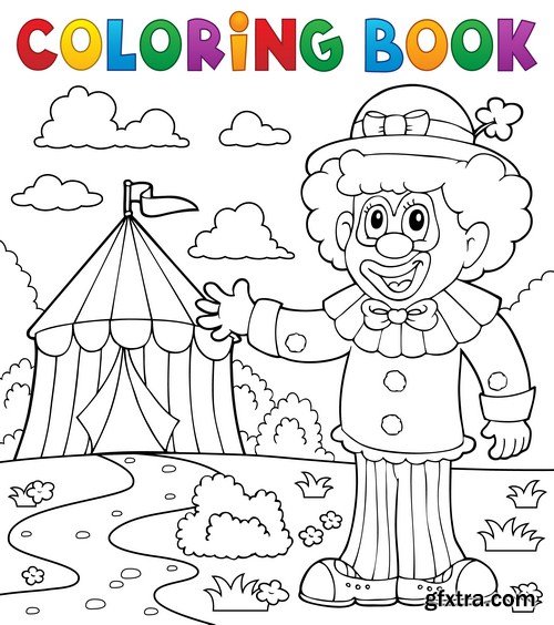 Coloring book clown near circus 6X EPS