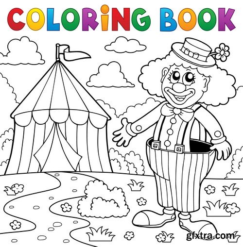 Coloring book clown near circus 6X EPS