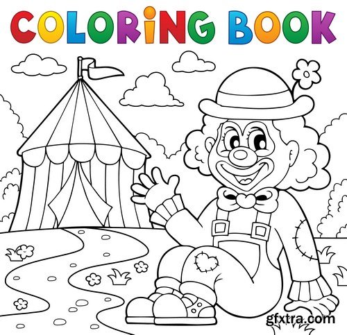 Coloring book clown near circus 6X EPS