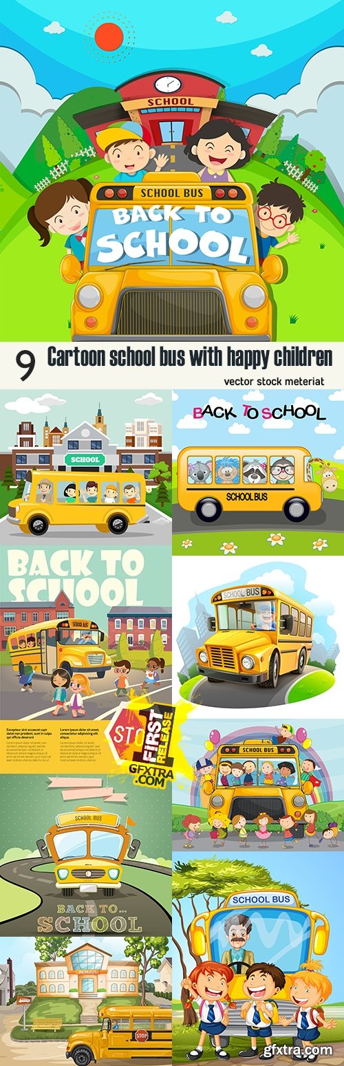 Cartoon school bus with happy children