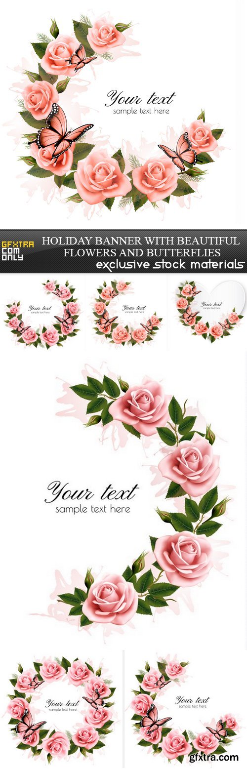 Holiday Banner with Beautiful Flowers and Butterflies - 6 EPS