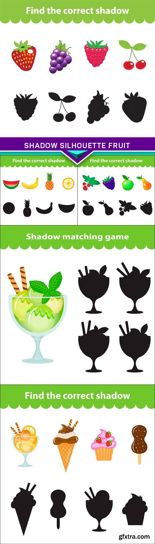 Children's educational game, shadow silhouette fruit 5X EPS