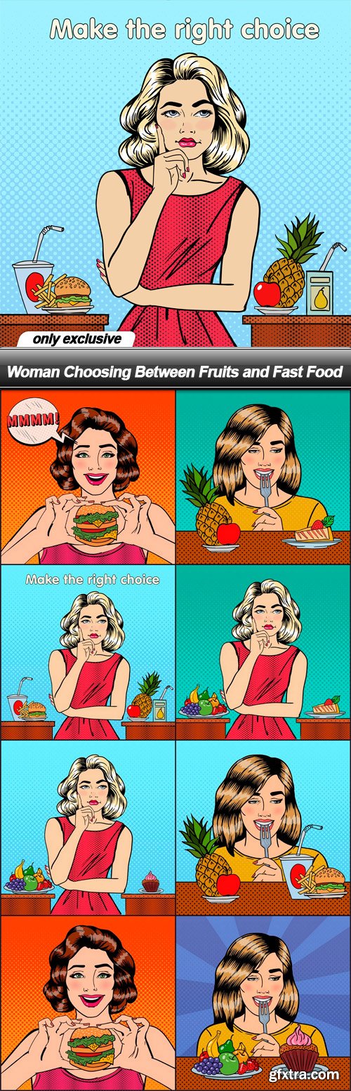 Woman Choosing Between Fruits and Fast Food - 8 EPS