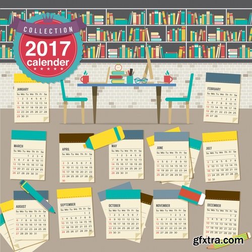 Collection calendar of 2017 poster flyer banner illustration for children's books 25 EPS