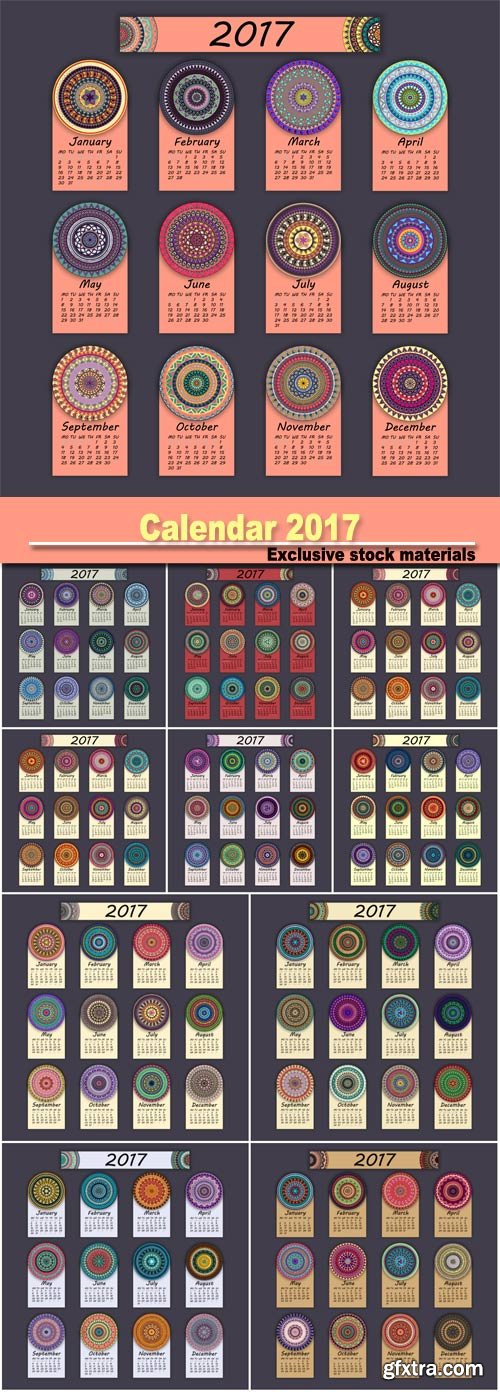 Calendar 2017, vintage decorative colorful elements, ornamental floral oriental pattern